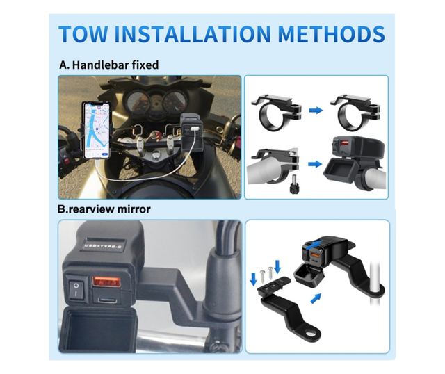 Techstar® A83PD motorkerékpár USB töltő, QC3.0 gyorstöltő USB-C és USB portok, kettős telepítés, vízállóság