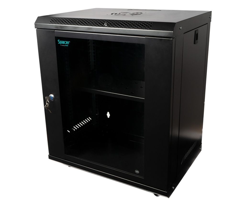 Cabinet 19″ spacer 12u 500x450mm fixare pe perete flatpack (dezasamblat) black usa sticla cu blocare panouri detasabile