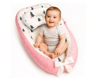 Cosulet Bebelusi pentru Dormit tip Baby Nest, cu Doua Fete, 0-24 Luni, 90x55cm,Alb/Roz - Pink