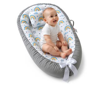 Cosulet Bebelusi pentru Dormit Baby Nest, Linomag®, 0-24 Luni, 90x55cm, Husa Bumbac Alb/Gri deschis
