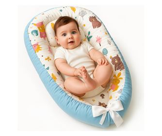 Cosulet Bebelusi pentru Dormit Baby Nest, Linomag®, 0-24 Luni, 90x55cm, Husa Bumbac, Alb/Blue sky