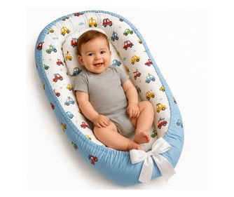 Cosulet Bebelusi pentru Dormit Baby Nest, Linomag®, 0-24 Luni, 90x55cm, Husa Bumbac, Alb/Blue pale