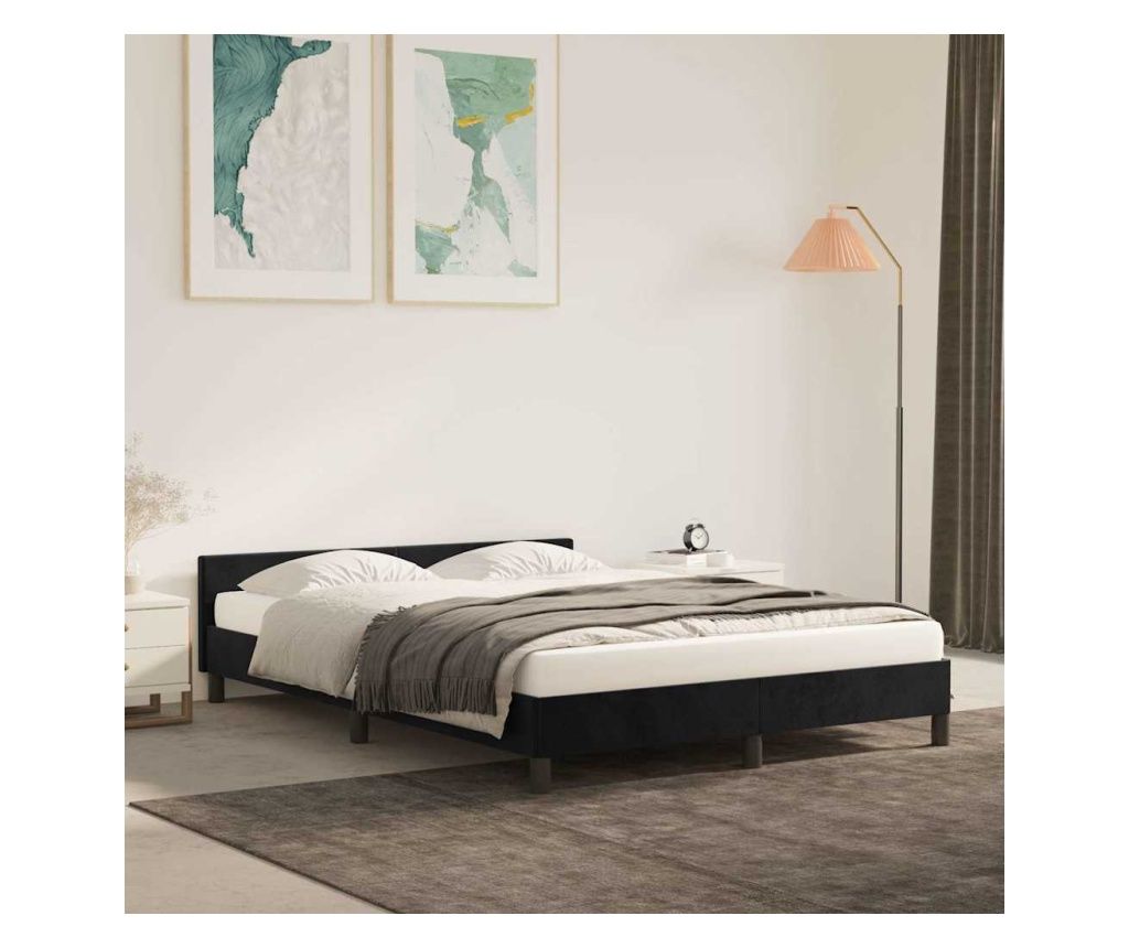 Cadru de pat cu tăblie, negru, 140x190 cm, catifea