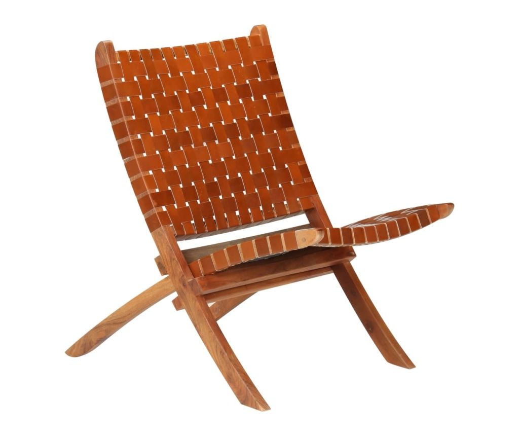 Sklopiva pletena stolica, smeđa, prirodna koža