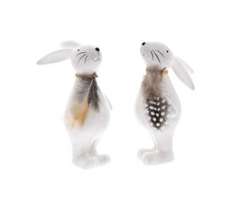 Figurina ceramica, iepuras alb, cu pana, 17.3 cm