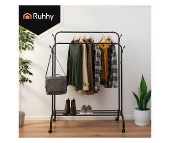 Ruhhy Cuier Mobil cu 2 Bare, Raft Inferior si Carlige Laterale – Suport Haine pe Roti, 150x110x57 cm, Culoare Negru
