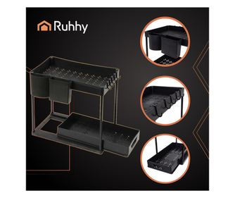 Рафт Кухненски Органайзер, 2 Нива, 40 x 27.5 x 37.5 см, с Чекмедже, Куки, Желязо и PP, Разтегателен, Черен Цвят