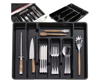 Разтегателен органайзер за прибори, 27.5-44.5 x 36.5 см, Издръжлив, 5-7 отделения, PP, Черен