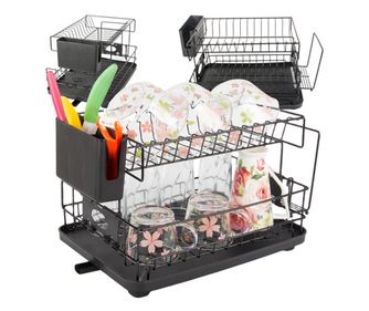 Uscator de Vase pe 2 NIvele , 52x30x27.5 cm, Metal si Plastic, Tava cu orificiu de scurgere, culoare Negru