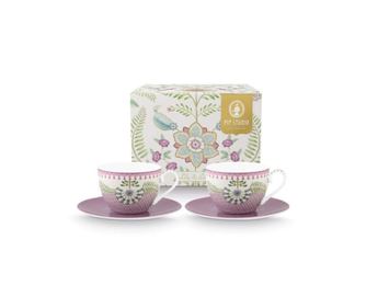 Set 2 skodelic za kapučino, porcelan, Pip Studio, skodelica & podstavek lila, 280 ml, kolekcija Lily & Lotus