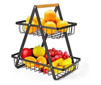 Dekoratív gyümölcskosár, fémből, kétszintes fa fogantyúval, fekete, Ruhhy