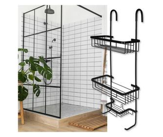 Ruhhy Висящ рафт, 3 нива, 28.5 x 14 x 63 см, Устойчив на ръжда, Алуминий и ABS, Включена вендуза, Черен цвят