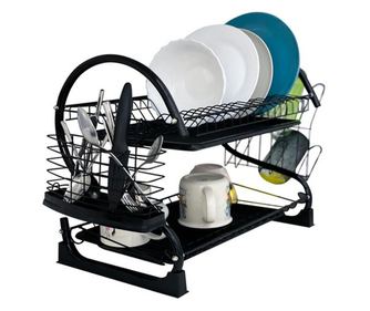 Ruhhy 24634 Suport pentru vase cu două niveluri, oțel inoxidabil, suport pentru cupe și tavă de scurgere, 37x53x25cm