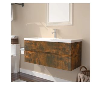 Mosdószekrény beépített mosdókagylóval, füstös tölgy színű forgácslap