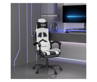 Černá a bílá otočná herní židle z ekokůže s podnožkou