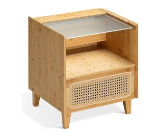 Noptiera din bambus Navaris, 40 × 42.5 × 49.5 cm, cu aspect de ratan, sertar, raft si blat din sticla, stil boho, Maro