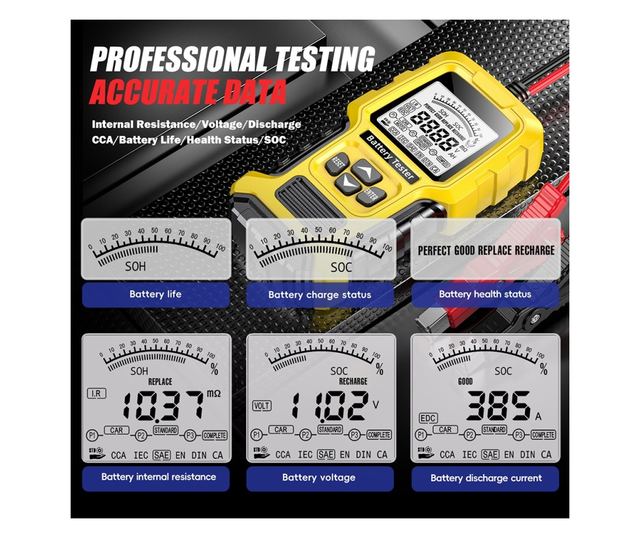 Tester Inteligent de Baterii Foxsur FBT-300, 12V/24V, pentru Auto și Motociclete, cu Ecran LCD 2.7", Compatibil cu Baterii VRLA/