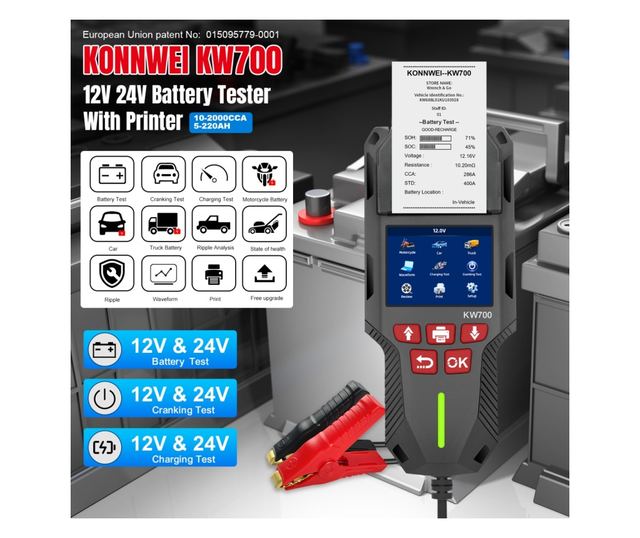 Tester de baterie auto KONNWEI KW700 cu imprimanta termica integrata, 12V/24V, ecran LCD color, compatibil cu AGM, GEL, EFB, Plu