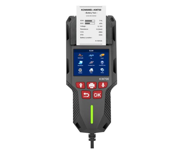 Tester de baterie auto KONNWEI KW700 cu imprimanta termica integrata, 12V/24V, ecran LCD color, compatibil cu AGM, GEL, EFB, Plu