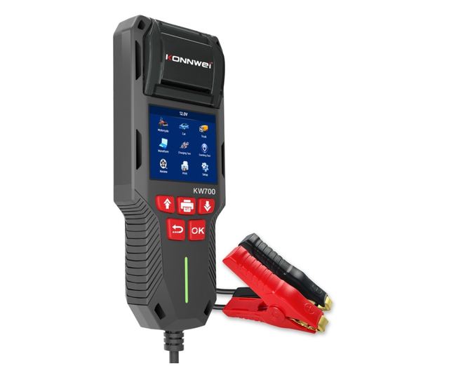 Tester de baterie auto KONNWEI KW700 cu imprimanta termica integrata, 12V/24V, ecran LCD color, compatibil cu AGM, GEL, EFB, Plu