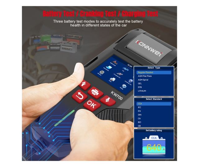 Tester de baterie auto KONNWEI KW700 cu imprimanta termica integrata, 12V/24V, ecran LCD color, compatibil cu AGM, GEL, EFB, Plu