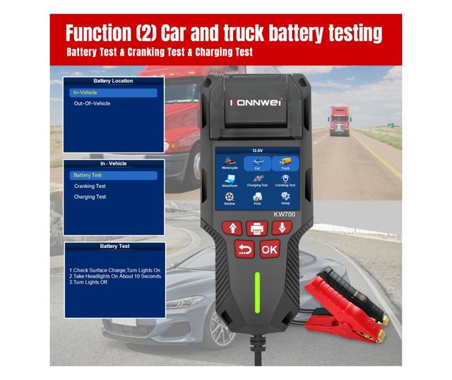 Tester de baterie auto KONNWEI KW700 cu imprimanta termica integrata, 12V/24V, ecran LCD color, compatibil cu AGM, GEL, EFB, Plu
