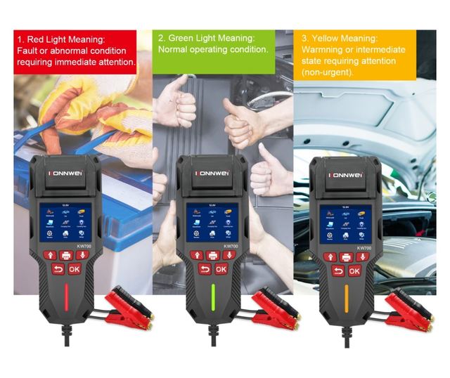 Tester de baterie auto KONNWEI KW700 cu imprimanta termica integrata, 12V/24V, ecran LCD color, compatibil cu AGM, GEL, EFB, Plu