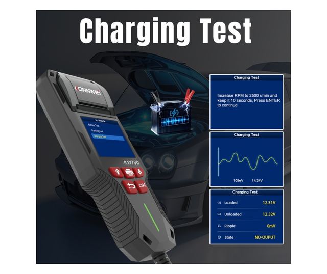 Tester de baterie auto KONNWEI KW700 cu imprimanta termica integrata, 12V/24V, ecran LCD color, compatibil cu AGM, GEL, EFB, Plu