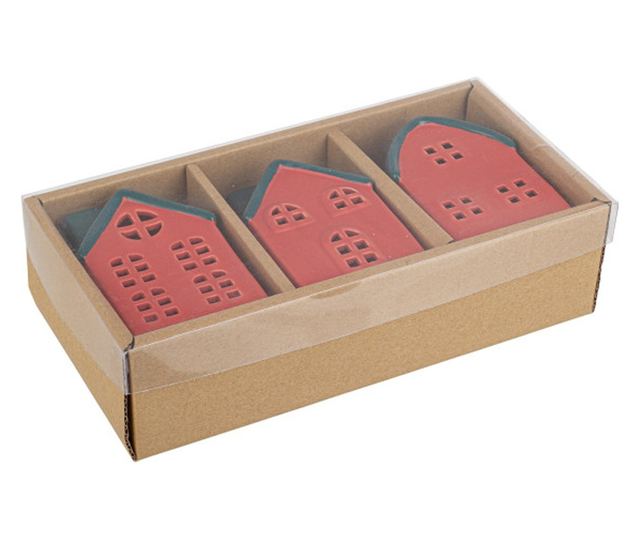 3 db piros és kék porcelán díszház LED-del 6,2x5,2x9,2h