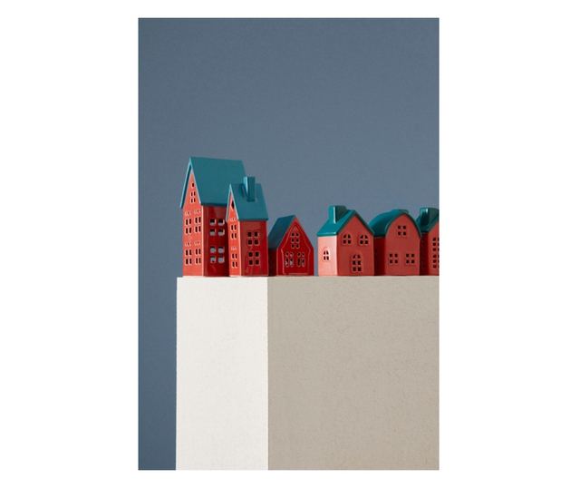 3 db piros és kék porcelán díszház LED-del 6,2x5,2x9,2h