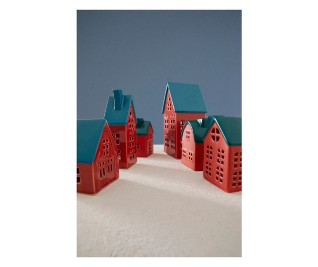 3 db piros és kék porcelán díszház LED-del 6,2x5,2x9,2h