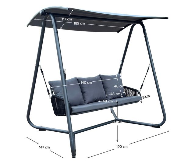 Jaira 3 személyes kerti hinta - Szürke, 190x147x180 cm