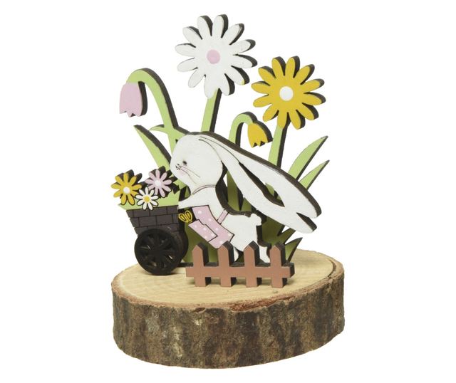 Decoratiune pe lemn, iepuras cu flori, 7.5x10 cm