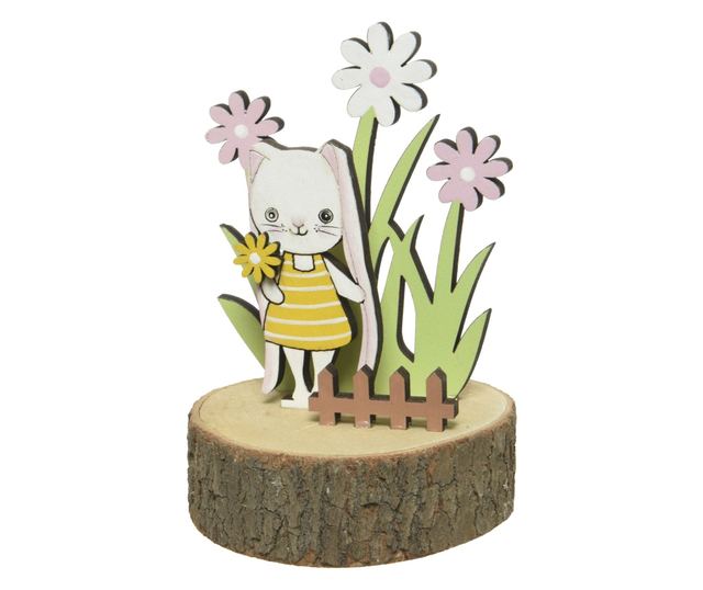 Decoratiune pe lemn, iepuras cu flori, 7.5x10 cm