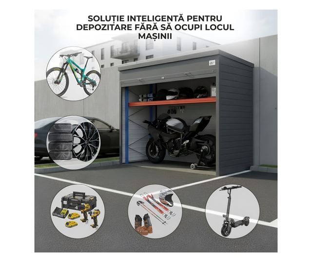 ParkingBox® Kerti Kültéri Tárolós Szekrény, Fém, Motorkerékpár Tároló, Bútor, Robogó, Tökéletes Teraszra,