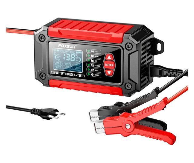 Akkumulátortöltő és teszter FOXSUR FTC-1206 2 az 1-ben, 12V/6A – Intelligens egyenirányító autó- és motorkerékpár-akkumulátorokh