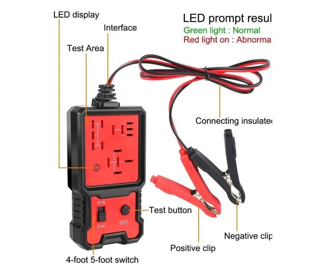 Autóipari relé teszter LED kijelzővel, Techstar® CNBJ707, 4 és 5 tűs csatlakozókkal kompatibilis