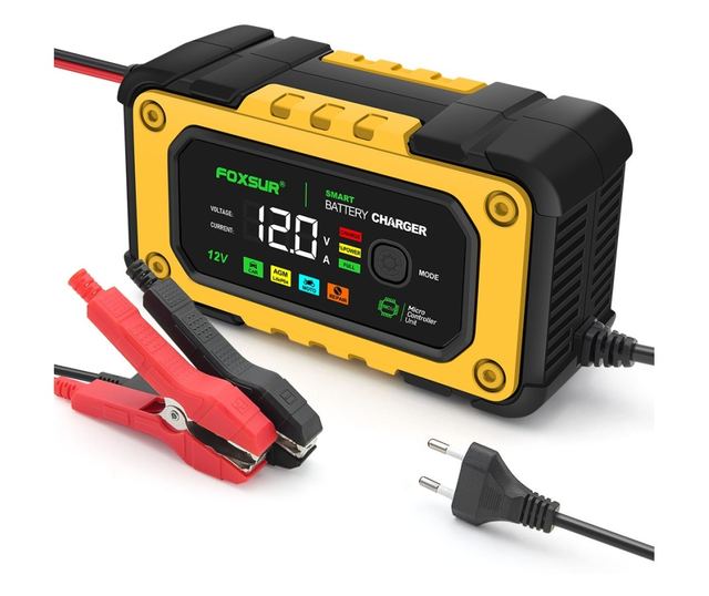 FOXSUR 12V 7A digitális autós egyenirányító LED kijelzővel, autó- és motorakkumulátor töltés 4Ah-140Ah, impulzusjavító funkció,