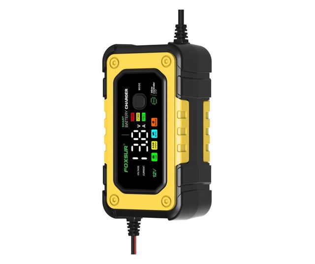FOXSUR 12V 7A digitális autós egyenirányító LED kijelzővel, autó- és motorakkumulátor töltés 4Ah-140Ah, impulzusjavító funkció,