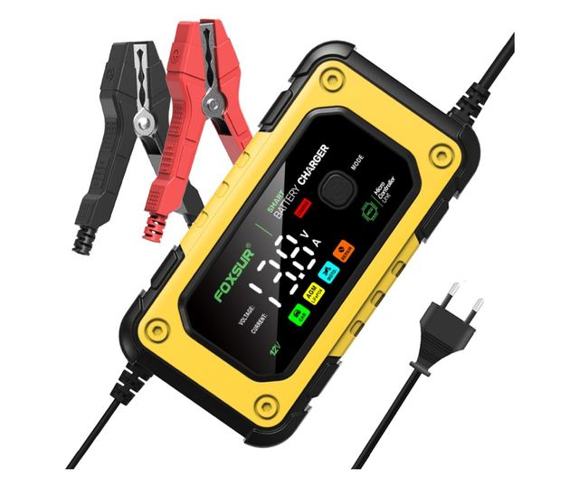 FOXSUR 12V 7A digitális autós egyenirányító LED kijelzővel, autó- és motorakkumulátor töltés 4Ah-140Ah, impulzusjavító funkció,