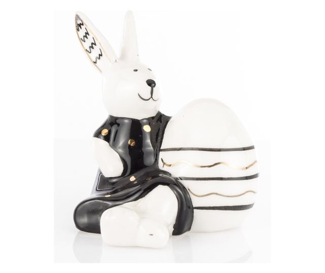 Figurina ceramica iepuras cu ou, negru/alb, 8,5x7,5x7 cm