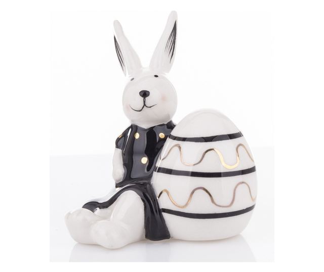 Figurina ceramica iepuras cu ou, negru/alb, 8,5x7,5x7 cm