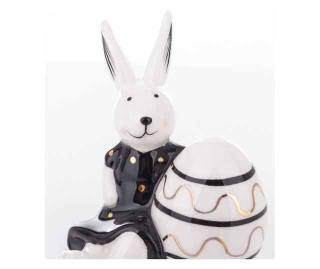 Figurina ceramica iepuras cu ou, negru/alb, 8,5x7,5x7 cm
