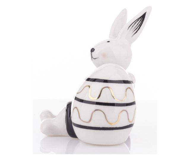 Figurina ceramica iepuras cu ou, negru/alb, 8,5x7,5x7 cm