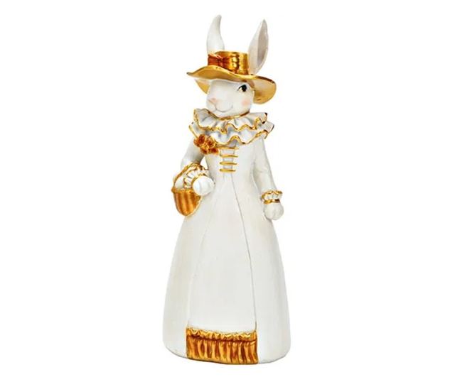 Figurina iepuras, costum alb/auriu, 13x36x11 cm