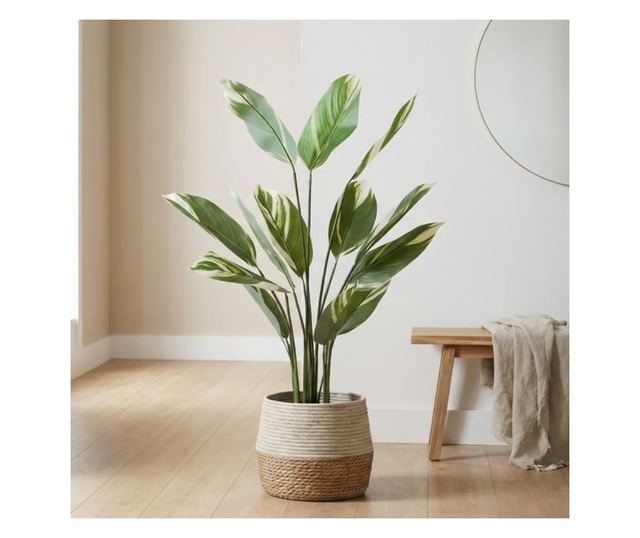 Mesterséges Calathea növény 118 cm, tarkalevelű zöld levelekkel, valósághű megjelenés, beltéri használatra, fekete cseréppel egy