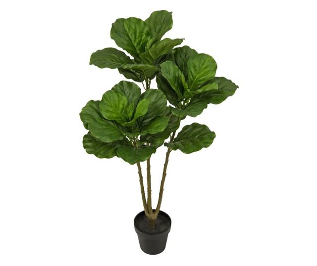 Mesterséges Ficus Lyrata növény 128 cm, levelekkel, valósághű megjelenés, beltéri használatra, fekete cseréppel együtt