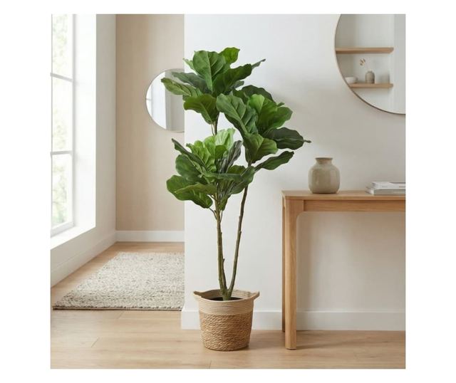Mesterséges Ficus Lyrata növény 128 cm, levelekkel, valósághű megjelenés, beltéri használatra, fekete cseréppel együtt