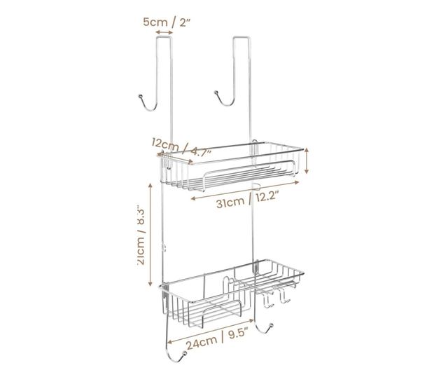 Belle Vous Zuhanypolc, 31 x 12 x 66 cm, 2 kosárral, 2 tapadókoronggal, törölközőtartóval, fúrás nélküli rögzítéssel, rozsdamente