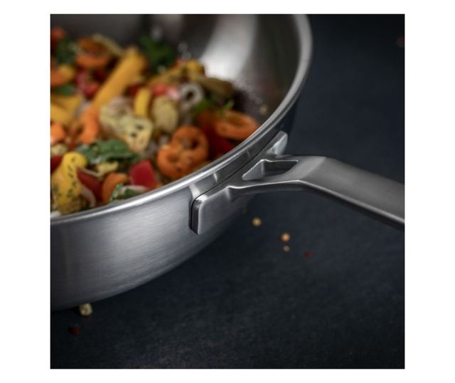 Kuhn Rikon Wok serpenyő rozsdamentes acél fedővel, Culinary Fiveply, Ø 28 cm, 4 liter, ideális szószokhoz és pároláshoz, 5 réteg